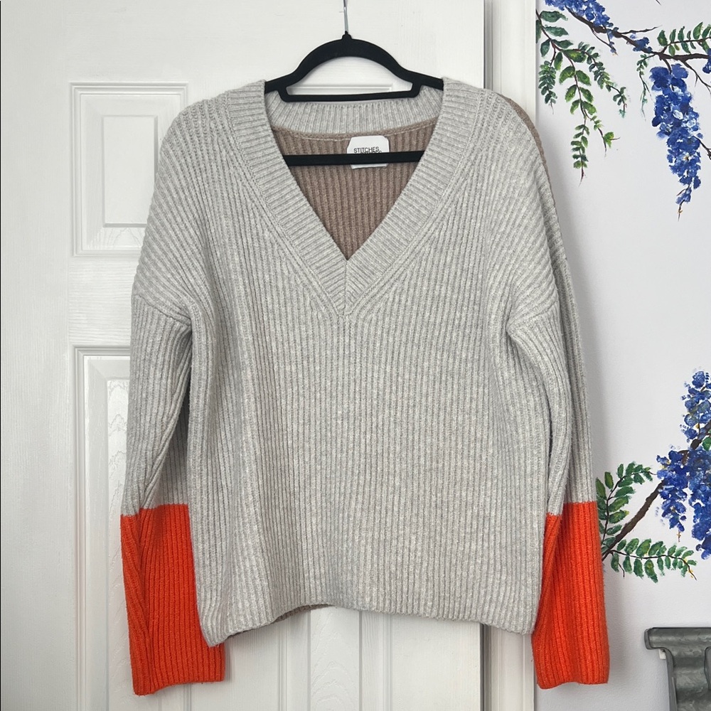 Vince Cream and Orange V-Neck Sweater